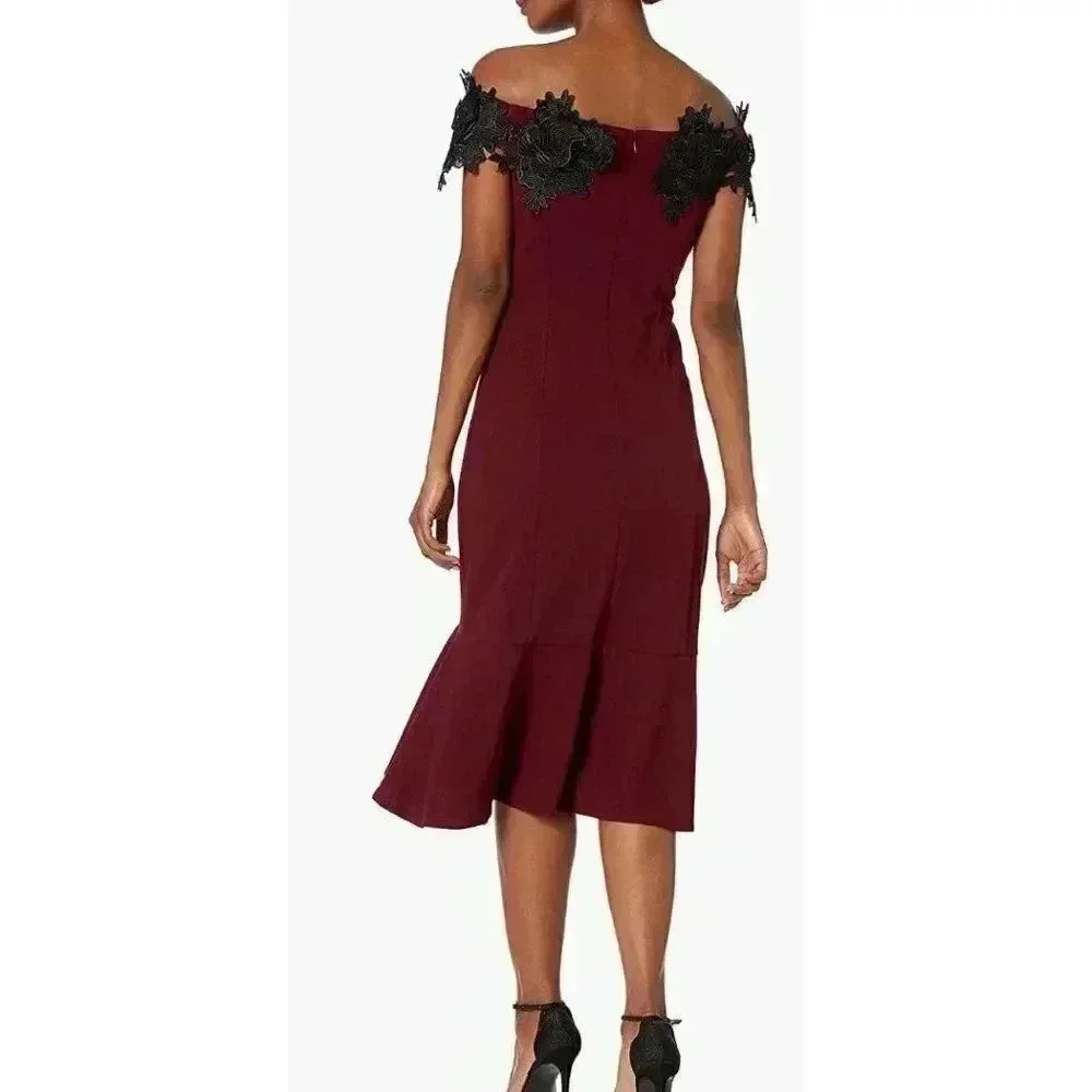 Marina Women's Off The Shoulder Applique Dress, Burgundy, 4 - Picture 2 of 2